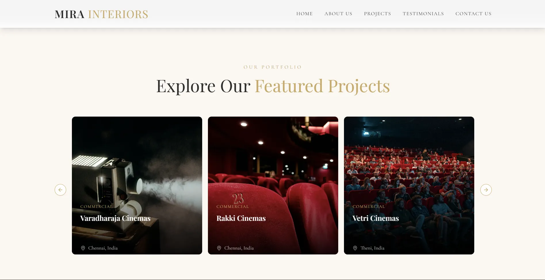 Mira Interiors homepage hero with a luxury living room and prominent typography